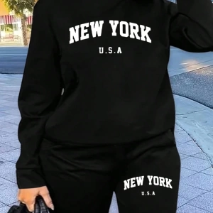 2 Parça Set Büyük Beden Kadın Harf Baskılı Mürettebat Yaka Uzun Kollu Sweatshirt Ve Eş