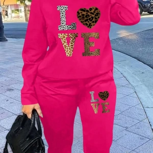 2 Parça Set Büyük Beden Kadın Harf Baskılı Mürettebat Yaka Uzun Kollu Sweatshirt Ve Eş