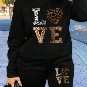 2 Parça Set Büyük Beden Kadın Harf Baskılı Mürettebat Yaka Uzun Kollu Sweatshirt Ve Eş