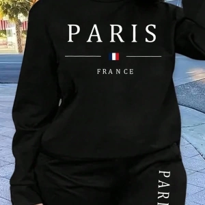 2 Parça Set Büyük Beden Kadın Harf Baskılı Mürettebat Yaka Uzun Kollu Sweatshirt Ve Eş