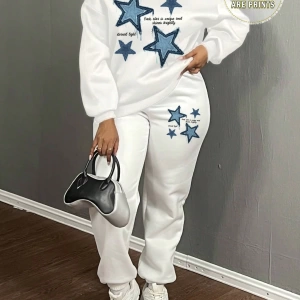 2 Parça/Takım Kadın Büyük Boy Yıldız ve Harf Baskılı Mürettebat Yaka Sweatshirt Ve B