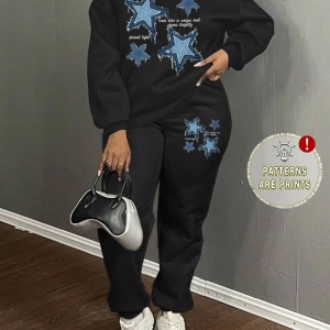 2 Parça/Takım Kadın Büyük Boy Yıldız ve Harf Baskılı Mürettebat Yaka Sweatshirt Ve B