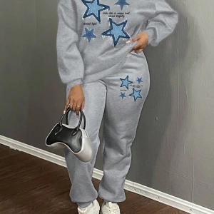 2 Parça/Takım Kadın Büyük Boy Yıldız ve Harf Baskılı Mürettebat Yaka Sweatshirt Ve B
