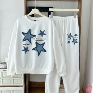 2 Parça/Takım Kadın Büyük Boy Yıldız ve Harf Baskılı Mürettebat Yaka Sweatshirt Ve B