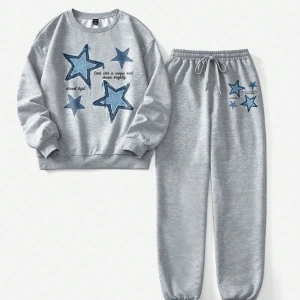 2 Parça/Takım Kadın Büyük Boy Yıldız ve Harf Baskılı Mürettebat Yaka Sweatshirt Ve B