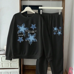 2 Parça/Takım Kadın Büyük Boy Yıldız ve Harf Baskılı Mürettebat Yaka Sweatshirt Ve B