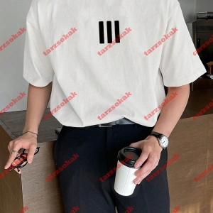 3 Çizgi Baskılı Beyaz Erkek Tshirt Beyaz
