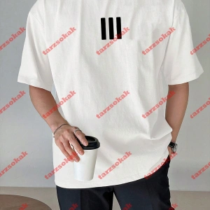 3 Çizgi Baskılı Beyaz Erkek Tshirt Beyaz