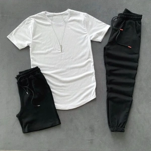 3lü Siyah Beyaz Eşofman Takımı T-shirt Şort Eşofman Altı Kombin Düzjozatakım