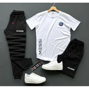 3lü Unisex Şort-eşofman Altı-tişört Slim Fit Messi Baskılı Takım Kombin Alt Üst MES