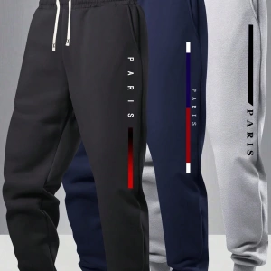 3 Parça Set PARIS Harfli Baskılı Degrade Çizgili Jogger Erkek Rahat Sportif Eşofman Altı Açık