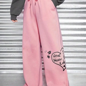 Heart and Graphic Drawstring Waist Wide Leg 4 Mevsim Eşofman
