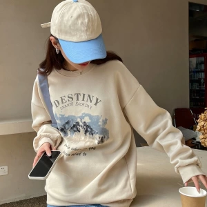 Dağ ve Slogan Grafikli Düşük Omuzlu Termal Sweat