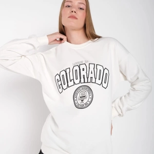 Kadın Beyaz Colorado Baskılı Bisiklet Yaka Oversize Sweatshirt mdgncolorado
