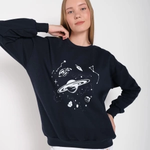 Kadın Lacivert Galaksi Baskılı Bisiklet Yaka Oversize Sweatshirt galaksibaskı