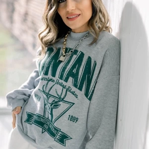 Kadın Gri Montana Baskılı Bisiklet Yaka Sweatshirt 3335-MONTANA