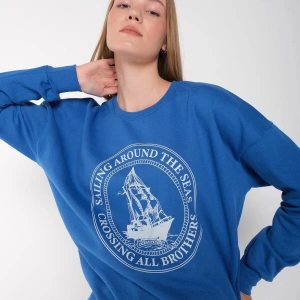 Kadın Sax Mavi Sailing Around Baskılı Bisiklet Yaka Oversize Sweatshirt sailingaround