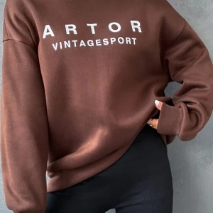 Unısex Kahverengi Artor Vintagesport Baskılı Bisiklet Yaka Sweatshirt kahvevntgsprt