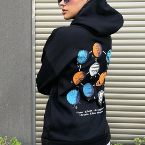 Kadın Oversize Siyah Sweatshirt Galaksi Baskılı GALAKSİSWEAT