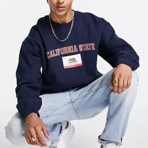 Erkek Lacivert California State Baskılı Oversize Sweatshirt calfrniastatelacıv