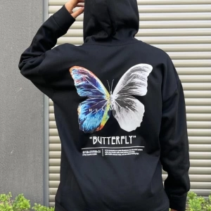 Kadın Siyah Butterfly Kelebek Baskılı Kapüşonlu Oversize Sweatshirt KELEBEKOVERSİZESW