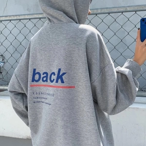 Unisex Oversize %100 Pamuklu Gri Back Baskılı Hoodie Sweatshirt griback
