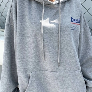 Unisex Oversize %100 Pamuklu Gri Back Baskılı Hoodie Sweatshirt griback