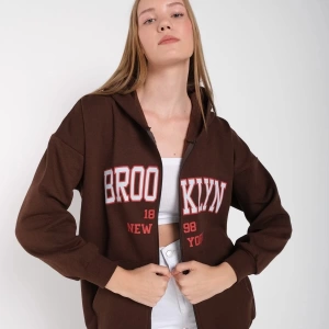 Kadın Kahverengi Brooklyn Baskılı Oversize Hırka brooklynhırka