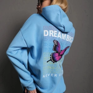 Kadın Bebe Mavisi Dream Big Baskılı Kapüşonlu Oversize Sweatshirt mdgnbdream