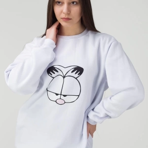 Unisex Beyaz Garfield Baskılı Bisiklet Yaka Sweatshirt garfldtrn