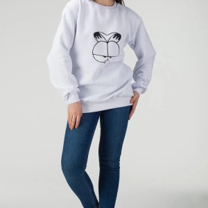 Unisex Beyaz Garfield Baskılı Bisiklet Yaka Sweatshirt garfldtrn