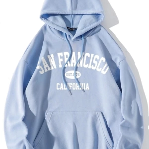 Unisex Bebe Mavisi San Francisco Baskılı Oversize Kapüşonlu