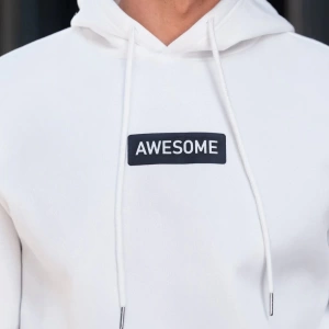 Erkek Beyaz Awesome Baskılı Oversize Kapşonlu Sweatshirt AWESOMESWEATSHİRT