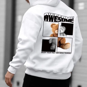 Unisex Beyaz Sırt Awesome Baskılı Kapşonlu Oversize Sweatshirt SIRTAWESOMESW