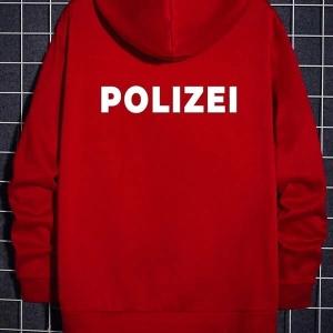 Unisex Kırmızı Polizei Baskılı Oversize Kapüşonlu Sweatshirt POLİZEİBASKILIK