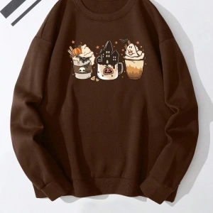 Kahverengi 3 Kahve Bardağı Baskılı Oversize Bisiklet Yakalı Unisex Sweat bsg3ka