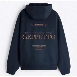 Lacivert Gepetto Baskılı Oversize Kapuşonlu Erkek Sweatshirt benisengiydirgepet