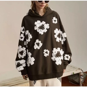 Özel Tasarım Kapüşonlu Bahar Çiçeği Baskılı %100 Pamuk Oversize Luxury Kadın Sweats