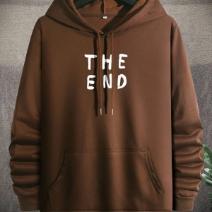 Erkek Kahverengi The End Baskılı Oversize Kapuşonlu Sweatshirt The