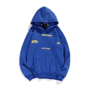 Erkek Mavi Jesus Is King Baskılı Oversize Kapüşonlu Sweatshirt Jes
