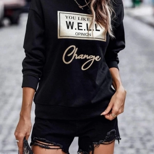 Kadın Siyah Well Baskılı Oversize Bisiklet Yaka Sweatshirt Benisengiydirwellswe