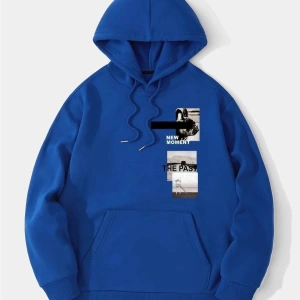 Erkek Mavi New Moment Baskılı Oversize Kapüşonlu Sweatshirt Benisengiydirnewmom