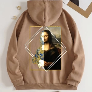 Unisex Bej Monalisa Baskılı Oversize Kapüşonlu Sweatshirt TYCMYZVPJN16874140253