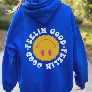 Kadın Mavi Feelın Good Baskılı Oversize Kapüşonlu Sweatshirt benisengiydirfeelı