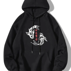 Erkek Siyah Japon Balık Baskılı Kapüşonlu Oversize Sweatshirt Balı