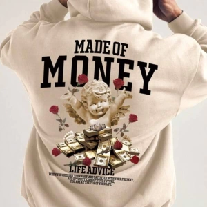 Bej Made Of Money Baskılı Oversize Kapuşonlu Erkek Sweatshirt Made