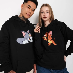 Siyah Unisex Ikili Tom Ve Jery Baskılı Oversize Kapüşonlu Sweatshirt Hoodie Tw-tomjerryb