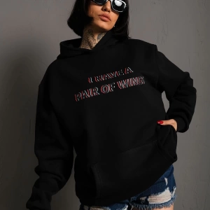 Kadın Siyah Sırt Kanat Önü Slogan Baskılı Kapüşonlu Oversize Sweatshirt Tw-slgnwıngskpsn