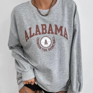 Kadın Gri Bisiklet Yaka Alabama Baskılı Oversize Sweatshirt Griala