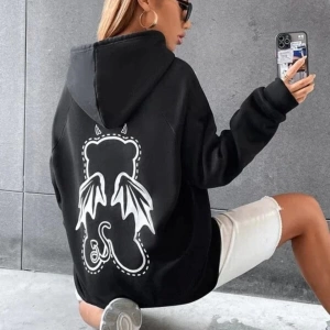 Kadın Siyah Angel Bear Baskılı Oversize Kapüşonlu Sweatshirt Angel